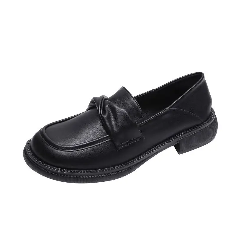  المرأة حقيقية أحذية جلدية بدون كعب ربيع الخريف النمط البريطاني سميكة وحيد المتسكعون أحذية النساء السود موضة كعب سميك المتسكعون #6