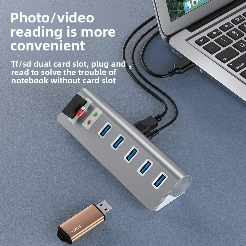 9-in-1 USB 3.0 도킹 스테이션 3.5mm 오디오 인터페이스 합금 소재 확장 도크 SD 카드 TF 카드 외장 지원