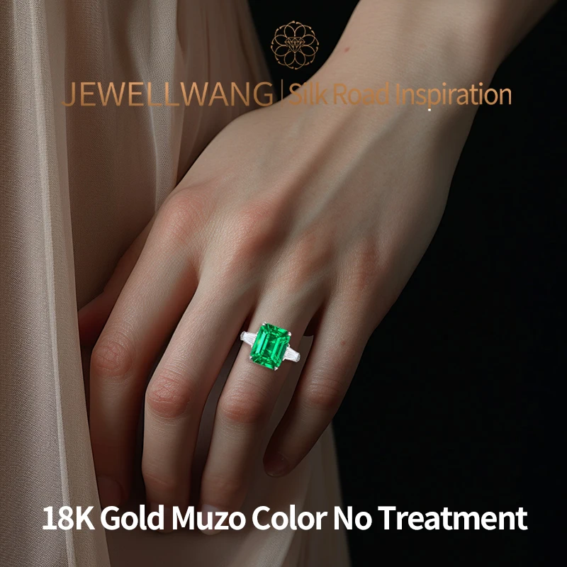 

JEWELLWANG 18K White Gold Ring with Lab-Grown Emerald and Diamonds Three-Stone Design Vintage-Inspired Engagement Wedding Ring