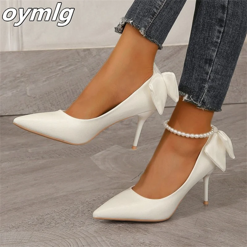 Gentle Style High Heels Women's 2023 Spring and Autumn Pointed Thin Heels with Beaded Bow Design Feeling Single Shoe