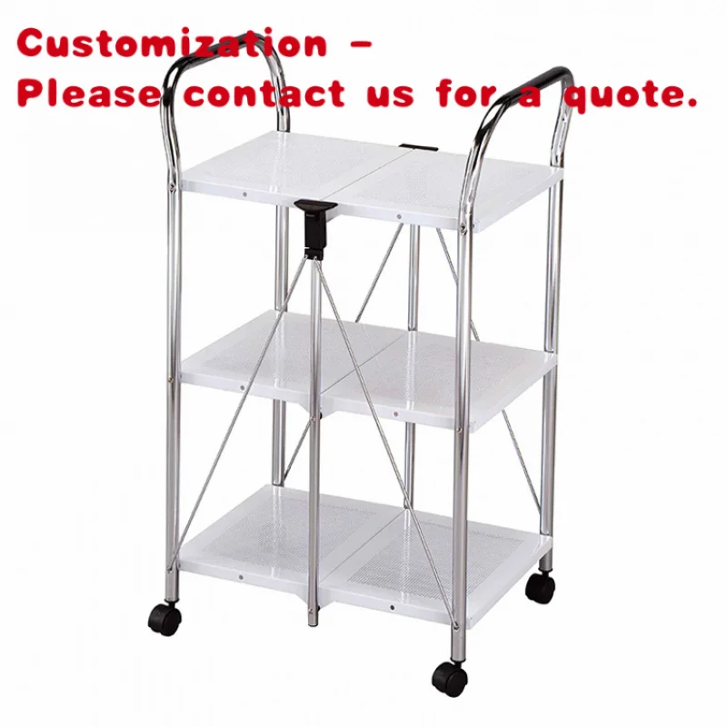 custom.Modern Style Premium Quality Folding Metal Steel Serving Cart White Powder Coating Chromed Frame Four-Wheel Rolling Stora