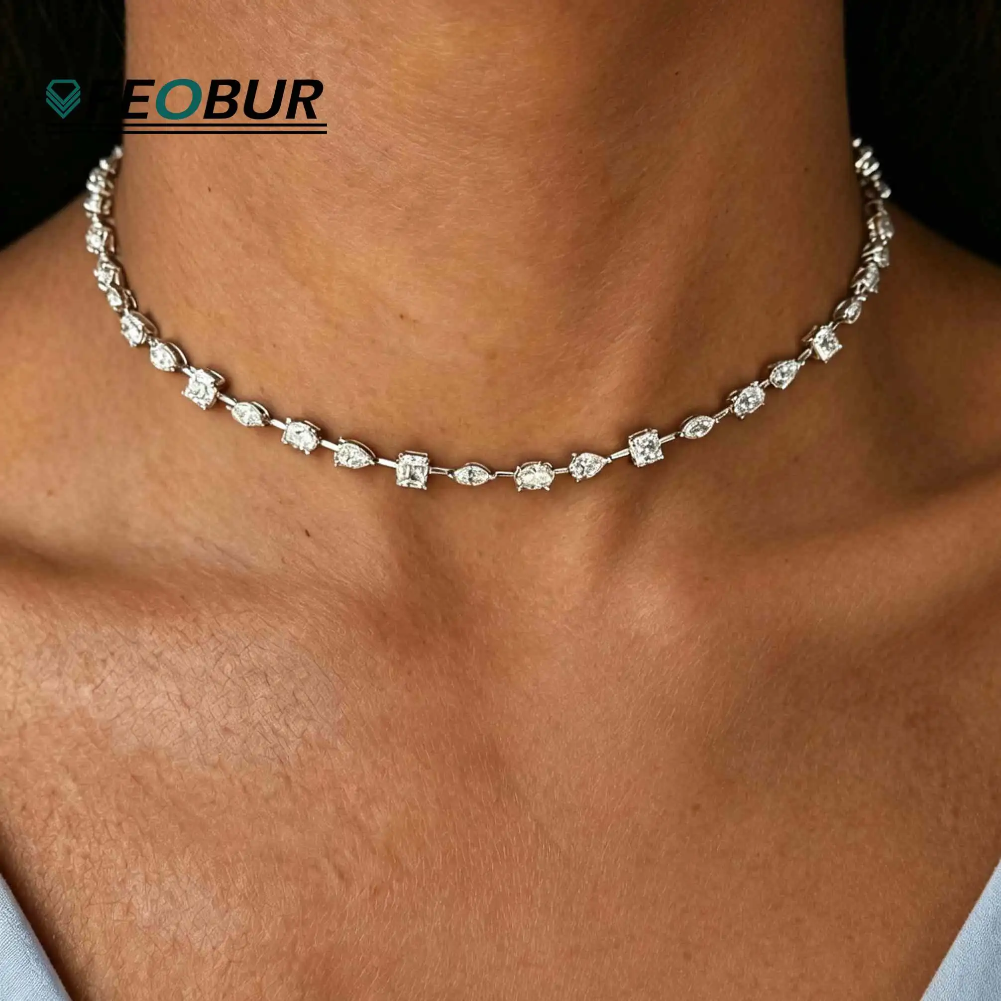 Certified Mixed Shape Full Moissanite Tennis Choker Necklace for Women S925 Silver Oval Pear Marquise Cut Diamond Chain Jewelry