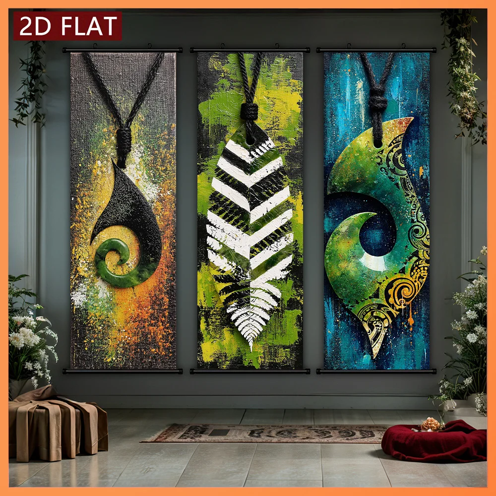 VIKAMA Tribal Maori Koru Fern 3 Piece Wall Scroll Tapestry Set Aboriginal Wall Art Decor for Living Room Bedroom