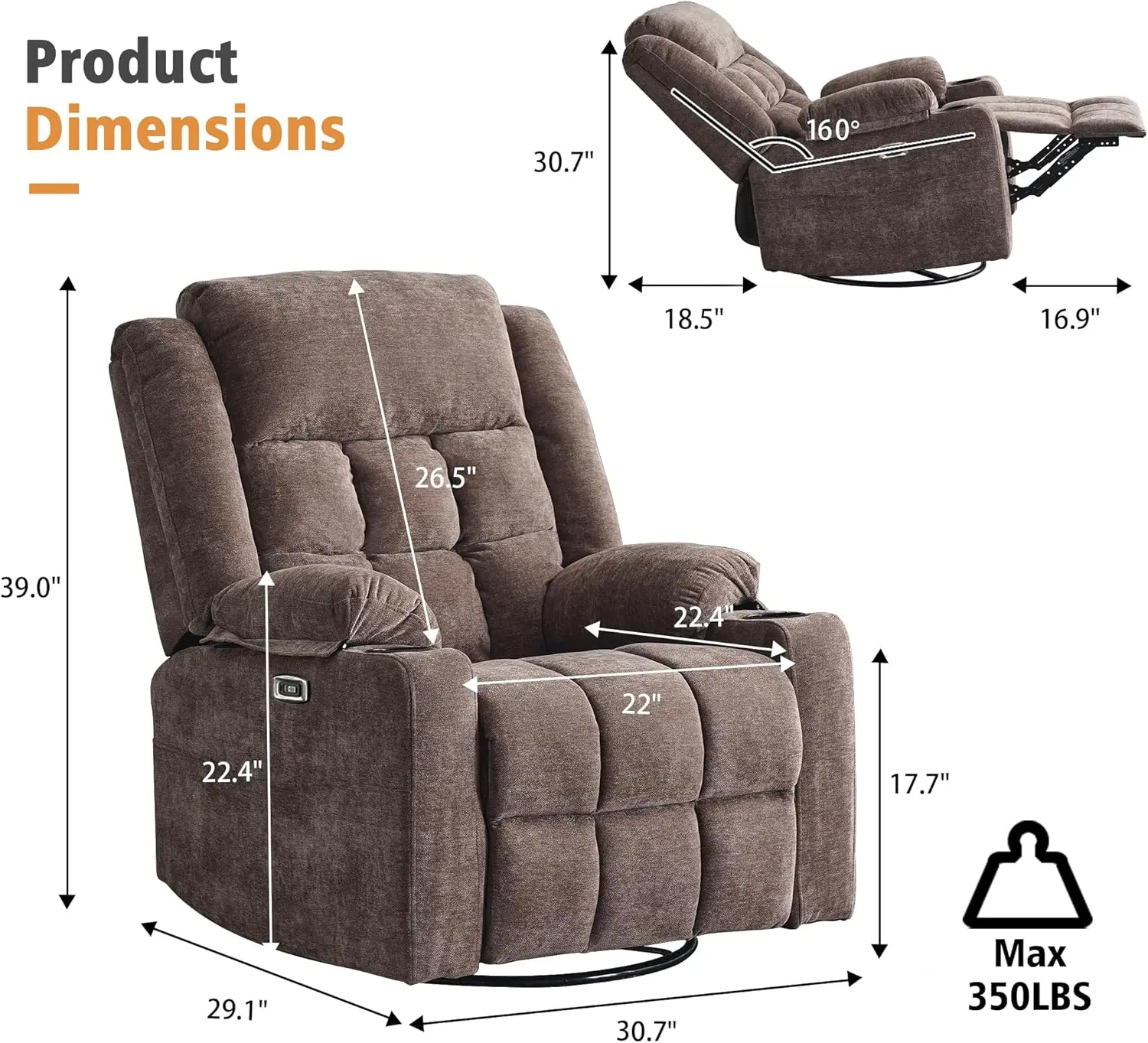 Electric rotary joystick lounge chair massage chair, USB and Type-C ports, soft padded fabric lounge chair (fabric coffee)