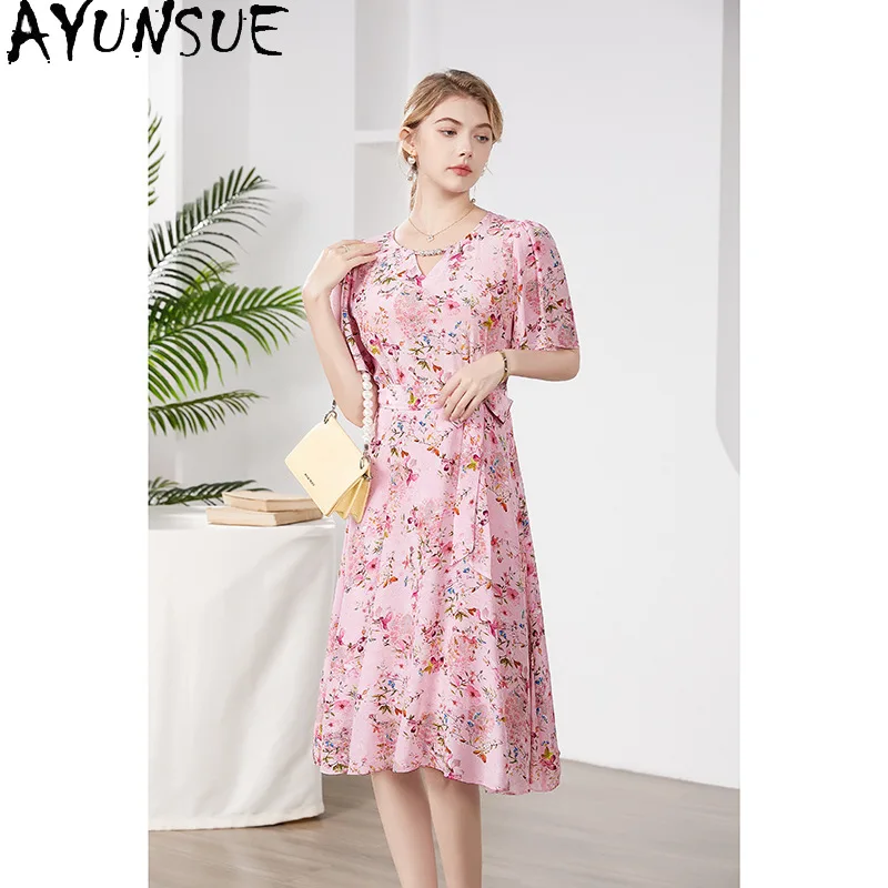 

100% Mulberry Silk Dress 2024 Print Elegant Women's Dresses Long Dresses for Women Clothing Summer Dresses Vestidos Para Mujer