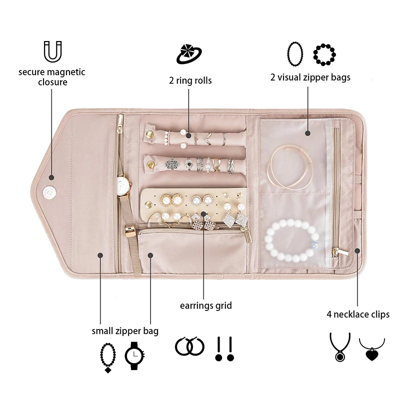 Foldable Fashion Portable Jewelry Bag, Large Women\'s Travel Jewelry Roll, Necklace Earring Ring Jewellery Display Storage Bag