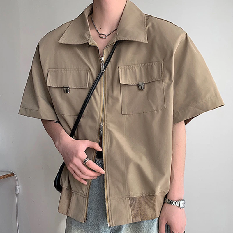

Streetwear Mens Y2K Shirts Oversize Casual Loose Solid Color Shirt Men Summer Trendy Patchs Pockets Zip-up Shirt Male Cardigans
