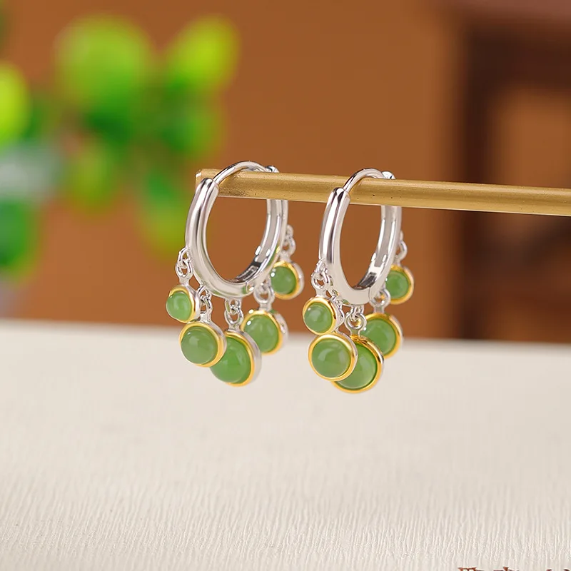 

S925 Sterling Silver Gold-Plated Hetian Jade Geometric Round Bead Earrings With Tassel Drops