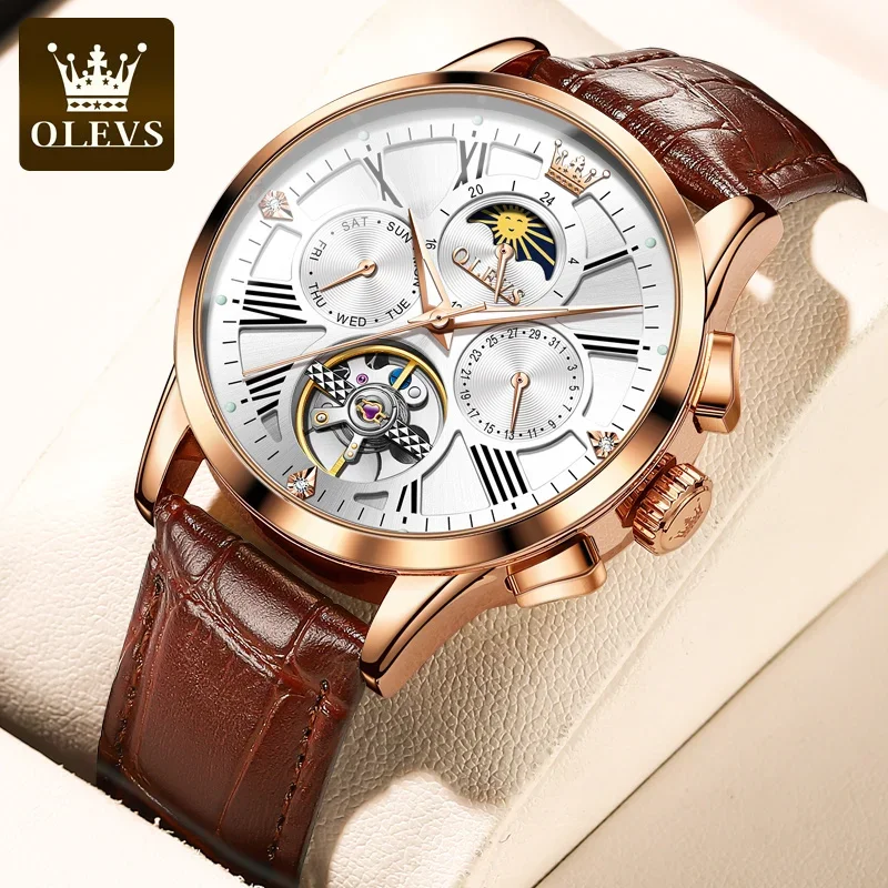 

Olevs men's automatic mechanical wristwatch fashion business waterproof leather strap top luxury Skeleton watch 9912