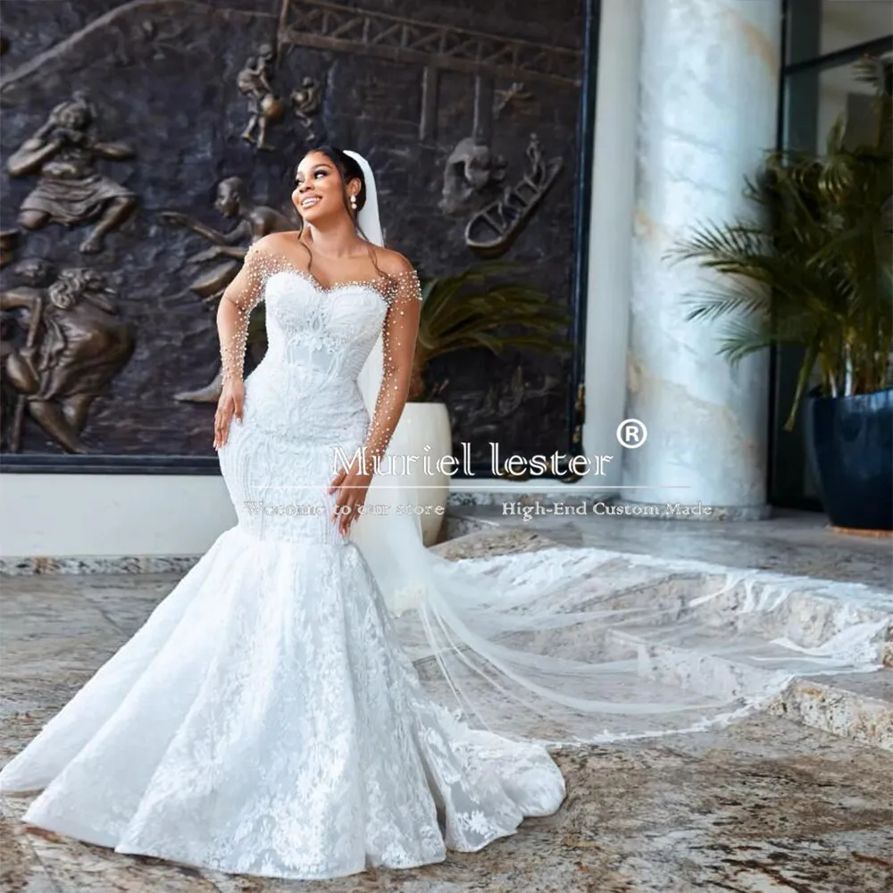 

African Aso Ebi White Mermaid Wedding Dresses Sheer Neck Full Sleeves Beaded Pearls Bridal Gowns Customized Black Girls Dress