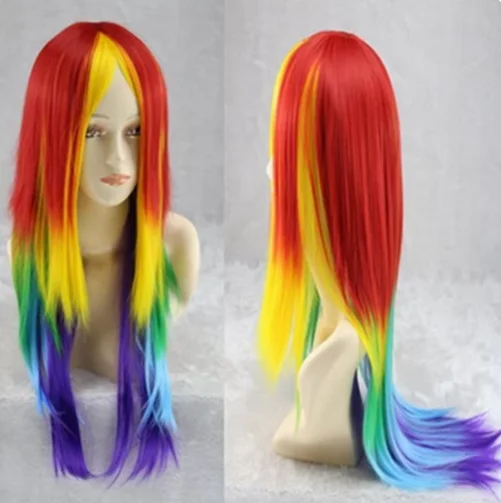 Women'' Long Straight Rainbow Cosplay Wig Girls Multi-Colored Anime Wig for Halloween Costume Wig Christmas Party