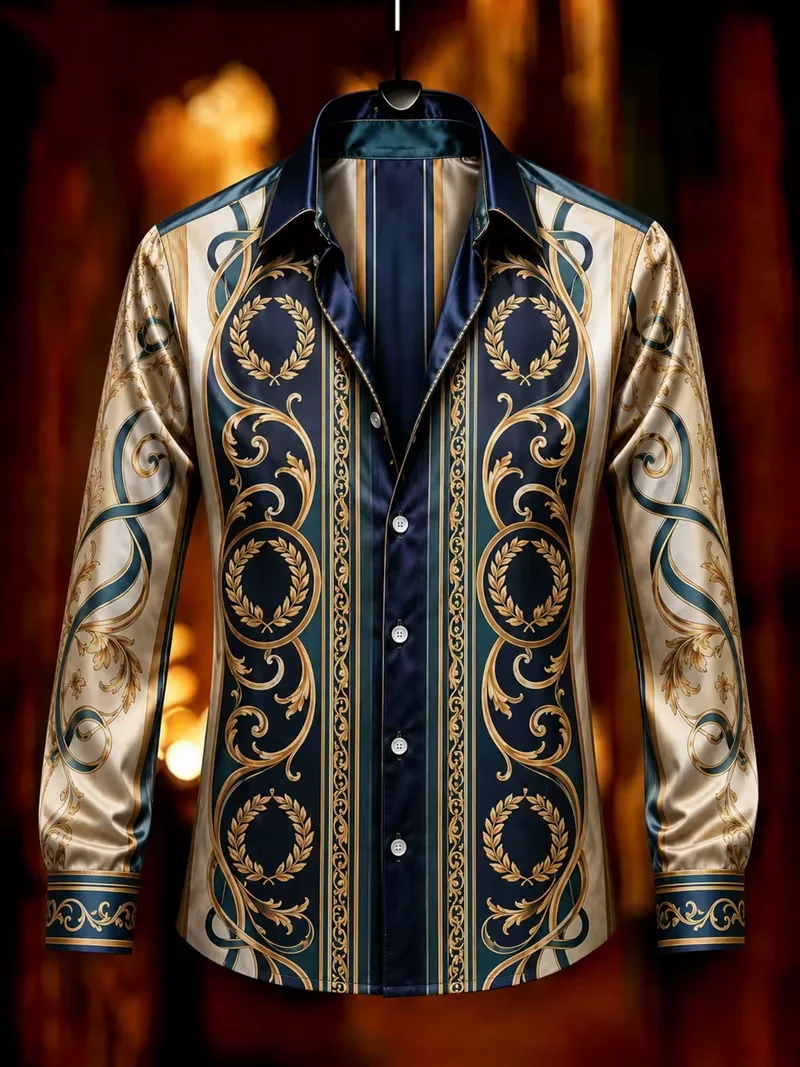 New men's yellow checkered floral printed long sleeved shirt with a refreshing rural style and a collared top