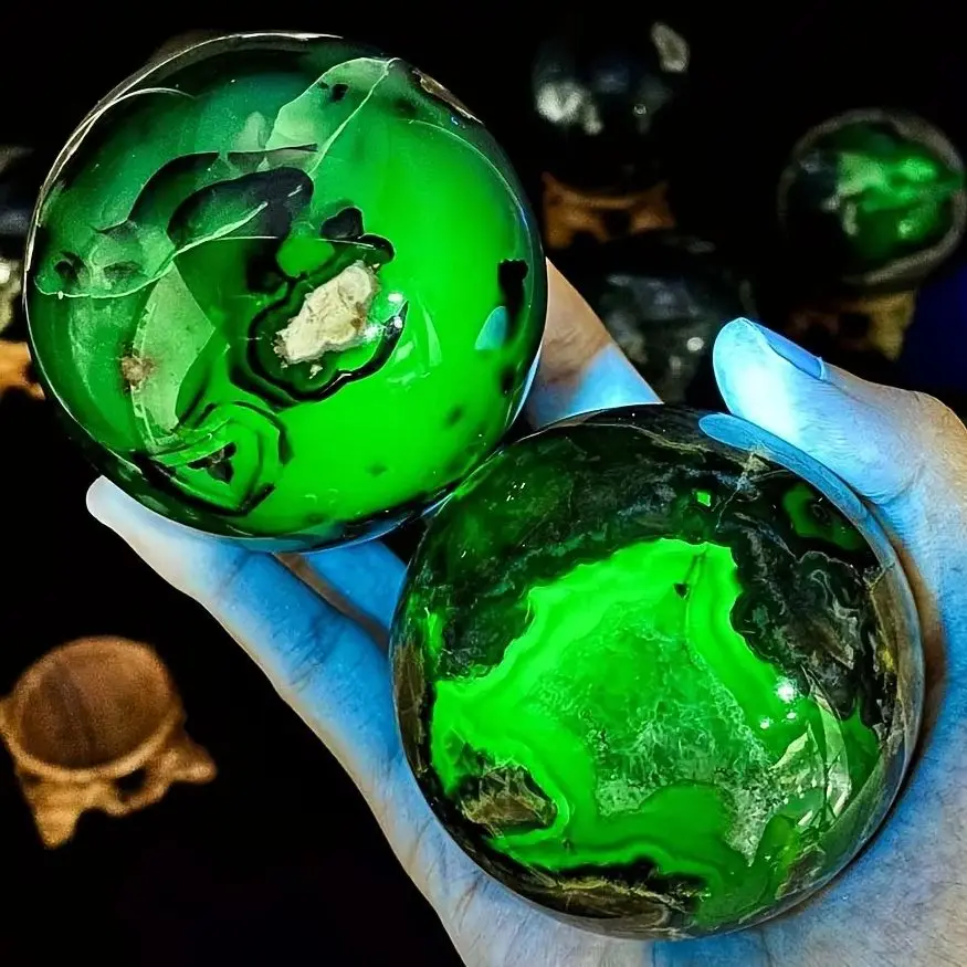 Natural Crystal Sphere UV Reactive Volcano Agate Sphere - Glowing Green Fluorescent Crystal with Druzy Energy Healing Mineral