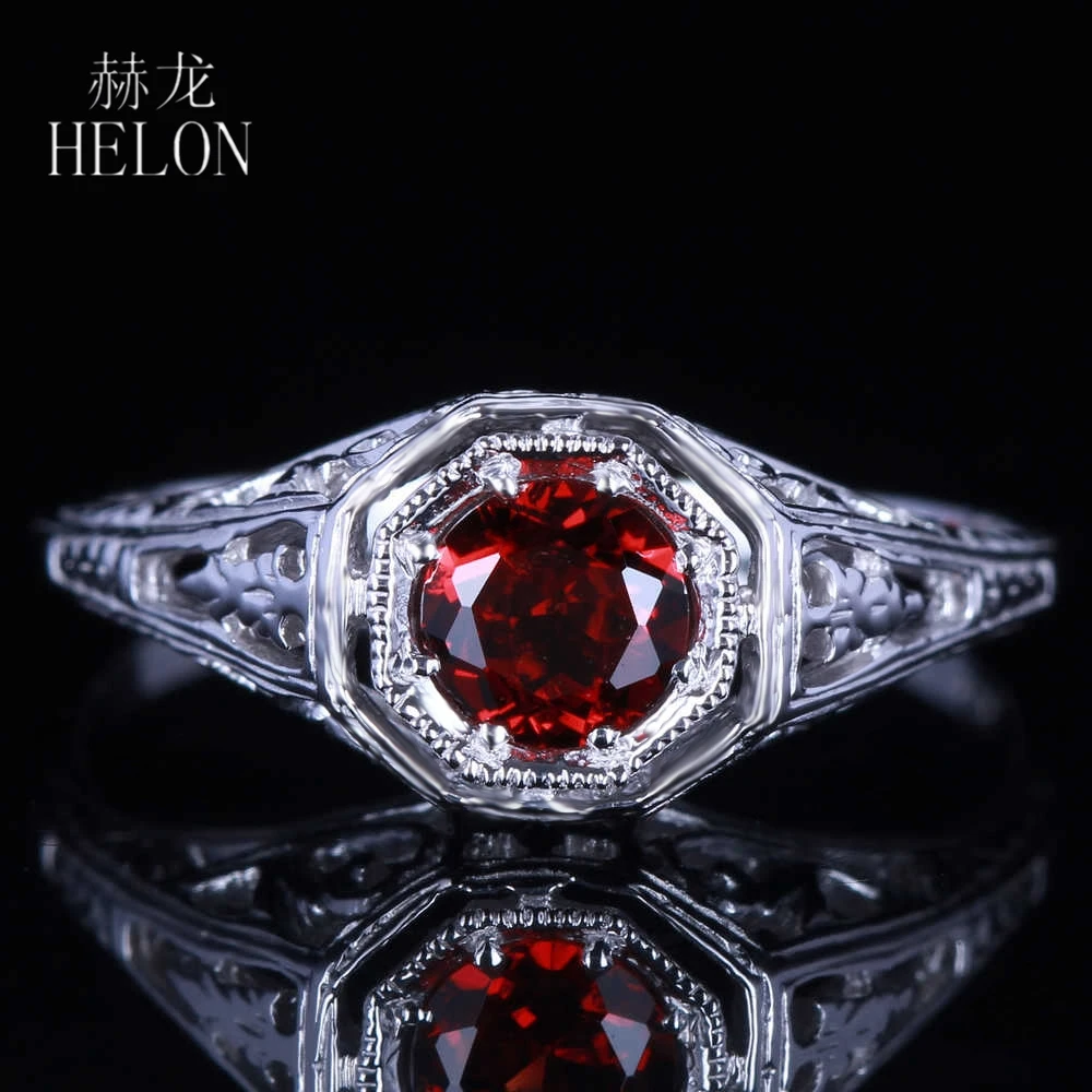 

HELON Solid 14k 10k White Gold Flawless 4.5mm Round Genuine Garnet Engagement Wedding Ring Vintage Fine Jewelry Women Ring Gift