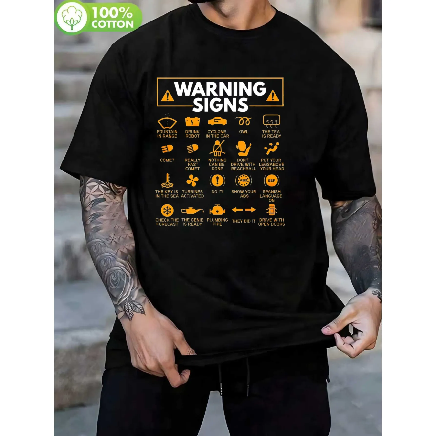 Car Warning Signs Mechanic Humor Graphic Tee Cool Cotton Short Sleeve T-Shirt for Men