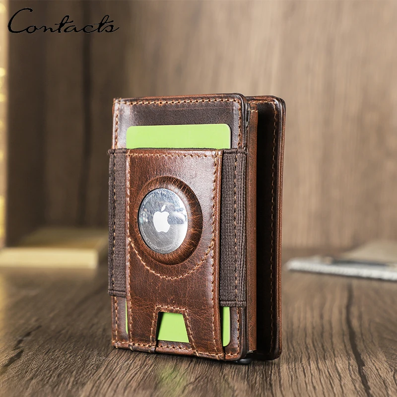 CONTACT'S Genuine Leather Credit Card Holder for Men Short Purse Mini Leather Wallet FRID Anti-Theft Card Bag Airtag Wallets