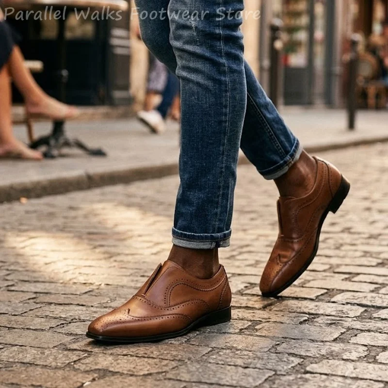 Mens Brown Leather Brogue Shoes Slip On Elastic Perforated Wingtip Formal Evening Party Dress Shoes Oxford Classic Loafers Shoes view 5
