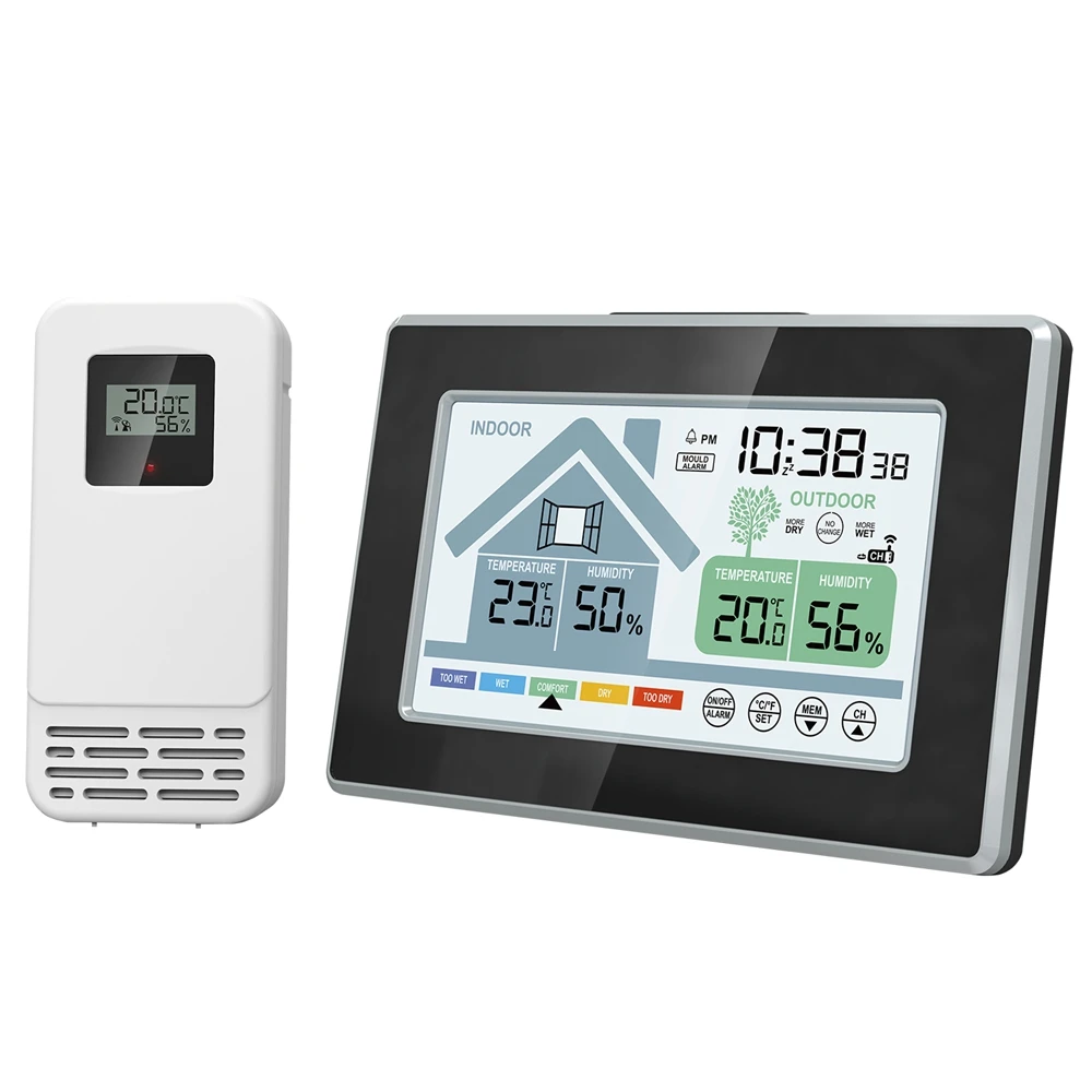 Wireless Touch Screen Thermometer Hygrometer Alarm Clock In/Outdoor Thermo-hygrometer Calendar Max/Min Record Comfort Indicator