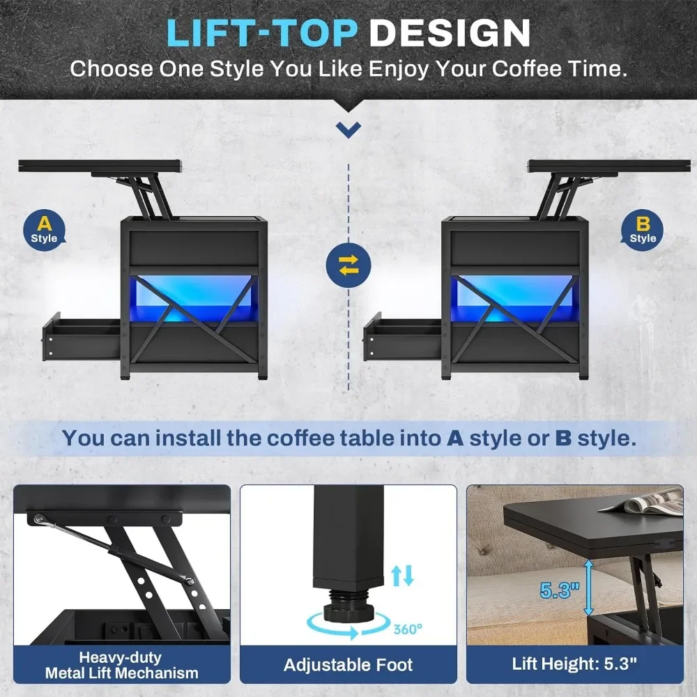 LED 4 in 1 Coffee Tables with Storage, 40 Inc Lift Top Coffee Table, Small Coffee Table with 2 Drawers for Diner, Reception Room