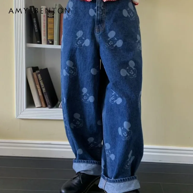 جديد الصناعة الثقيلة الكرتون طباعة كاملة مستقيم الساق الصوف مبطن الجينز فضفاضة تنوعا الحد من العمر الاتجاه للجنسين سراويل جينز #2