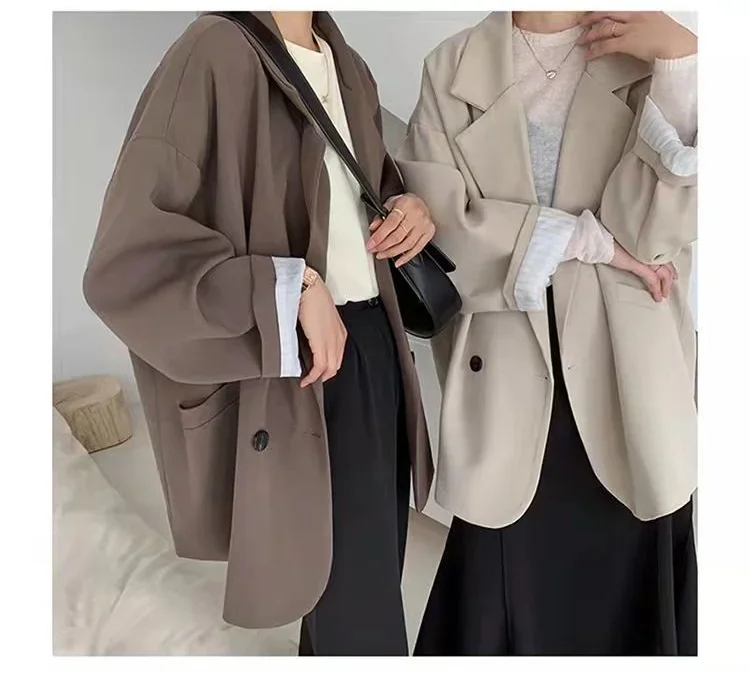 Brauner Blazer für Damen, elegant, offiziell, für Frühling und Herbst, modisch, langärmelig, übergroß, schick, lässige Anzugsjacke – Detail 2