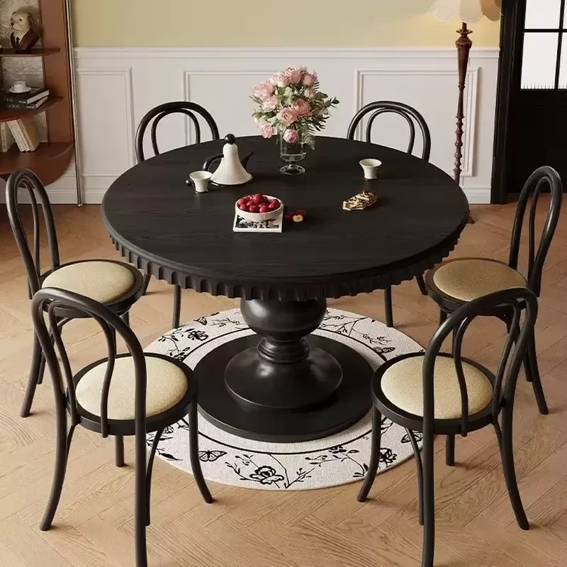 American Vintage Round Solid Wood Dining Table, French Roman Column Pedestal Round Dinner Table for Family Small Dining Room