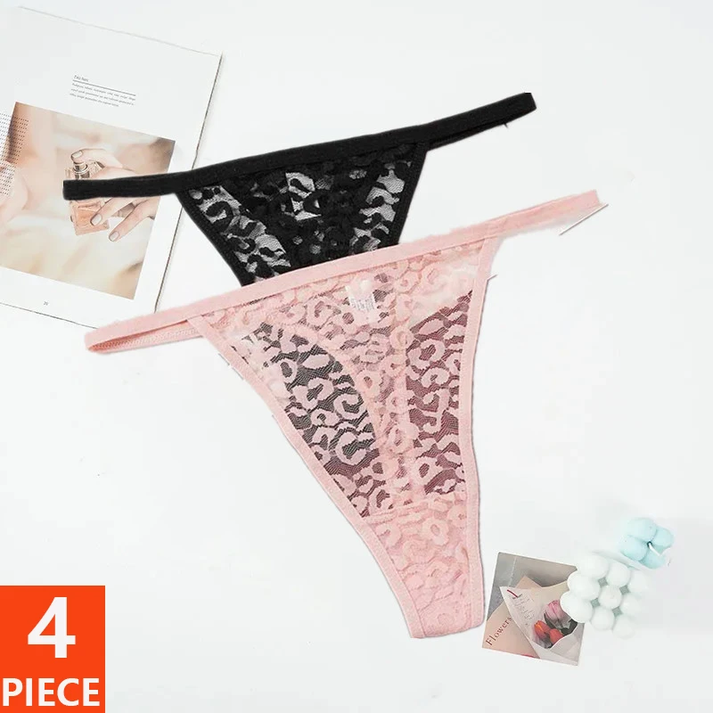 4 unids/set de Tanga calada de encaje para mujer, Tanga Sexy de tiro bajo, bragas transparentes para mujer, tangas transpirables