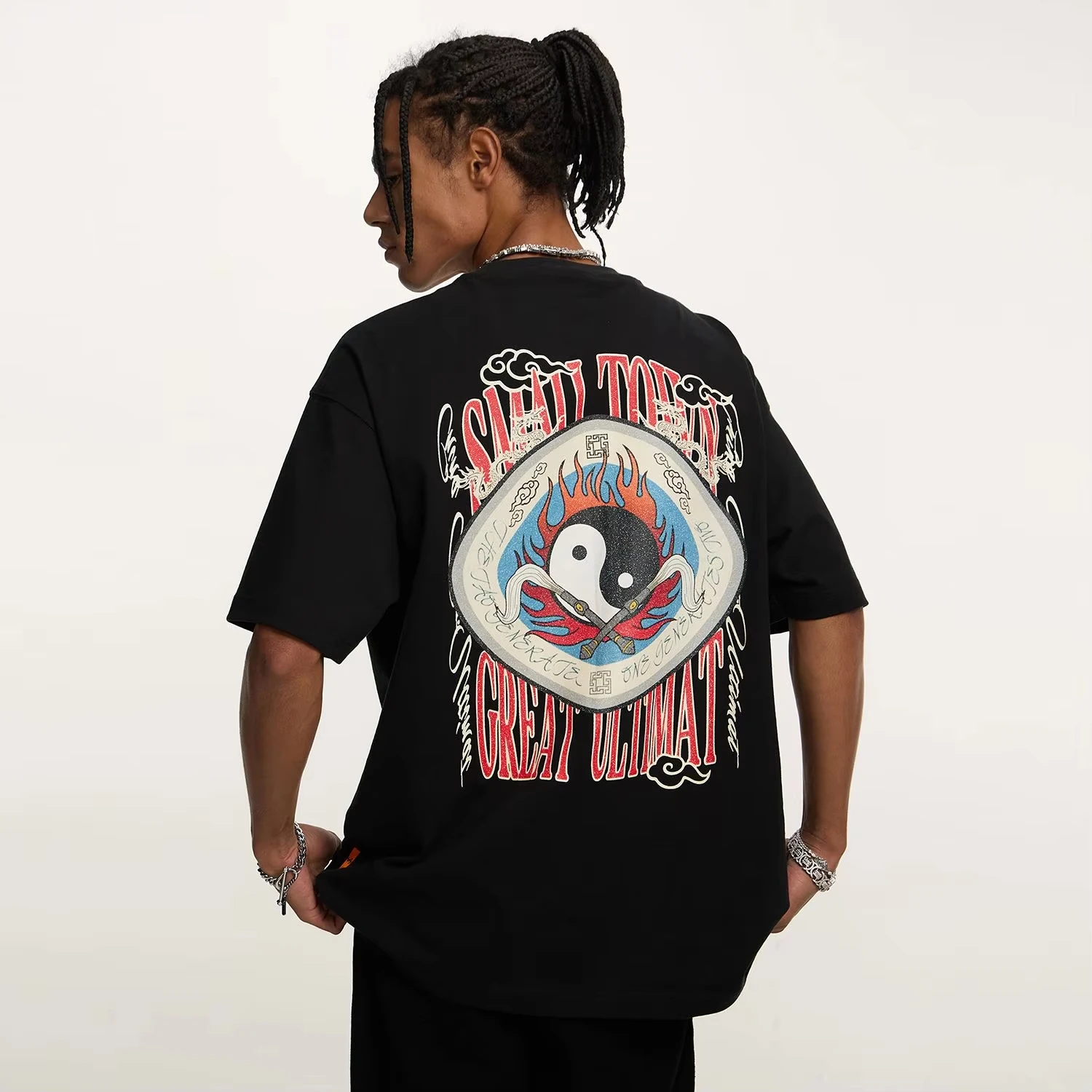 

Motorcycle 2025 Novelty Men's Printed Ultra Fire Dragon Island Flame Tai Chi Short Sleeve T-Shirt American Retro Street Style