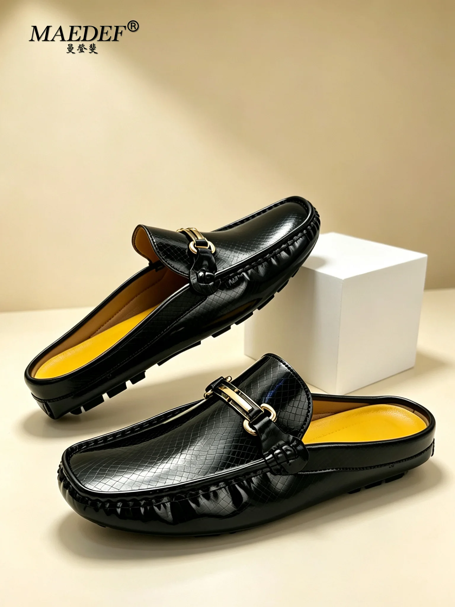 2026 Summer Mules Half Shoes Patent Leather Mens Semi-Drag Casual Shoes Backless Loafers Slippers Male Slides Large Size 40-46