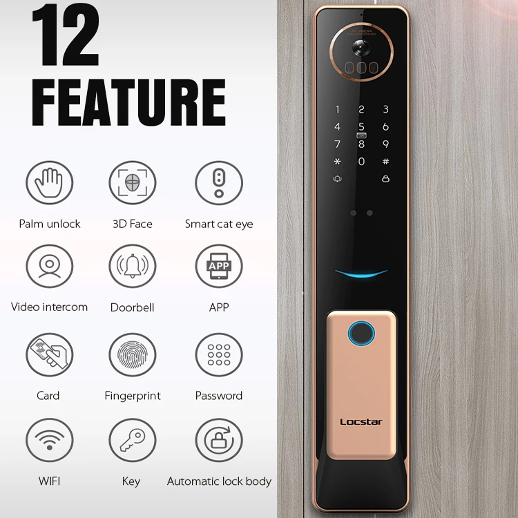 Locstar Security Residential Electronic Fingerprint Digital Password 3d Face Recognition Automatic Smart Door Lock With Camera