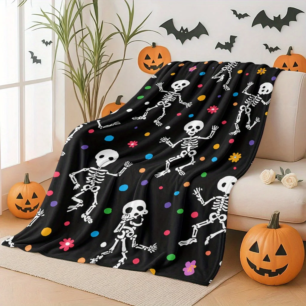 1pc Colorful Dots Skeleton Dance Flannel Blanket | Soft Warmth, Ideal for Camping, Travel, Car, Office, Home Decor, All-Season U