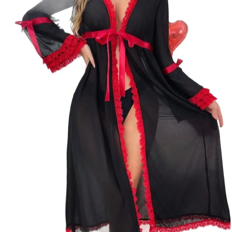 

Сексуальное женское белье: элегантный прозрачный кружевной пеньюар с длинными рукавами, домашняя одежда, эротический комплект, ночная сорочка, пижамное платье