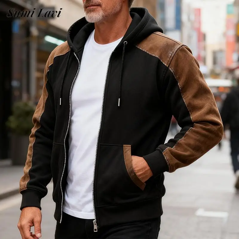 

New Casual Patchwork Waffle Outerwear Men Fall Winter Vintage Waffle Texture Hooded Jackets Mens Fashion Zip-up Jacket Coat