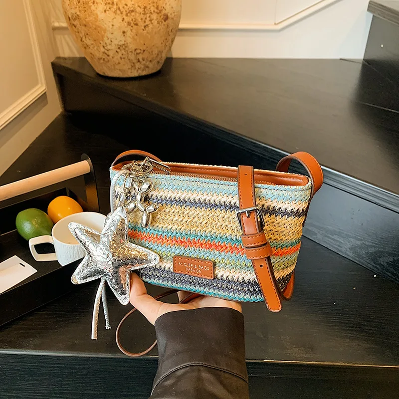 

‌2025 Rainbow Woven Bucket Bag - Summer Boho Straw Crossbody Purse for Women, Trendy Minimalist Handbag