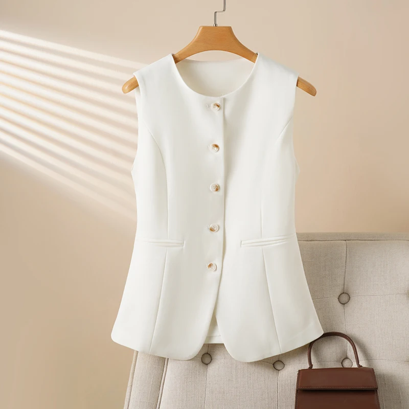 

Fashionable Round Neck Sleeveless Suit Vest for Women in Spring and Autumn, Single-Breasted Slim Vest Top for Outer Wear