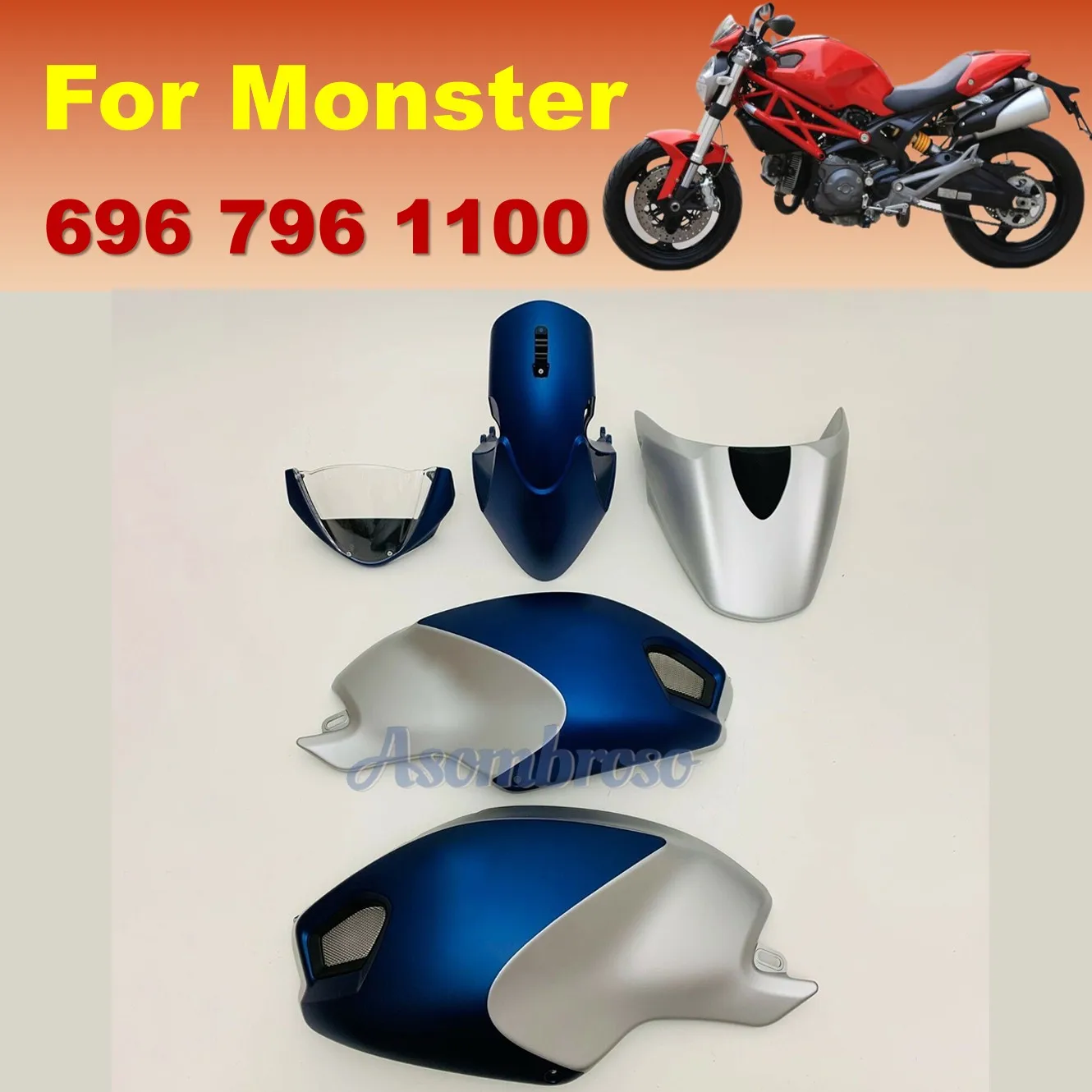 

Подходит для Ducati 696 Monster, детали ABS, литые под давлением панели кузова, обтекатель 796 1100 1100S, обтекатели EVO | Синее серебро