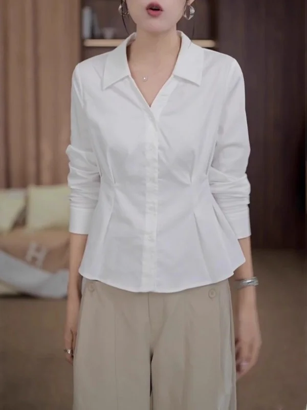 

Женская хлопковая футболка с V-образным вырезом, корейский стиль, с поясом, длинный рукав, весенняя мода, большие размеры, офисная одежда