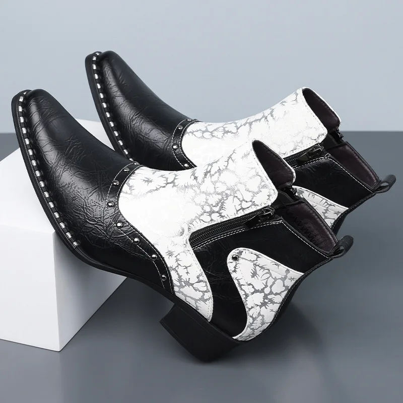 New Western Cowboy Ankle Boots Leather Side Zipper Rivet Decor Color Block Printed Pointed Toe Block Heel 2027 Fashion Men Shoes