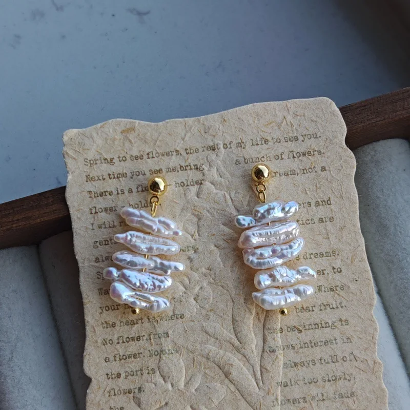 Long Baroque Irregular Natural Freshwater Pearl Earrings for Women Retro Style Gold Color Stud Earrings Jewelry Gift