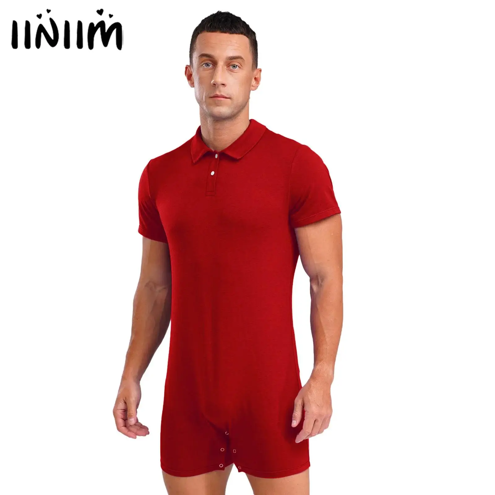 

Mens Lapel Collar Buttons Bodysuit Romper Short Sleeves One-piece Diaper Pajamas Gym Workout Fitness Shorty Jumpsuit Sleepwear