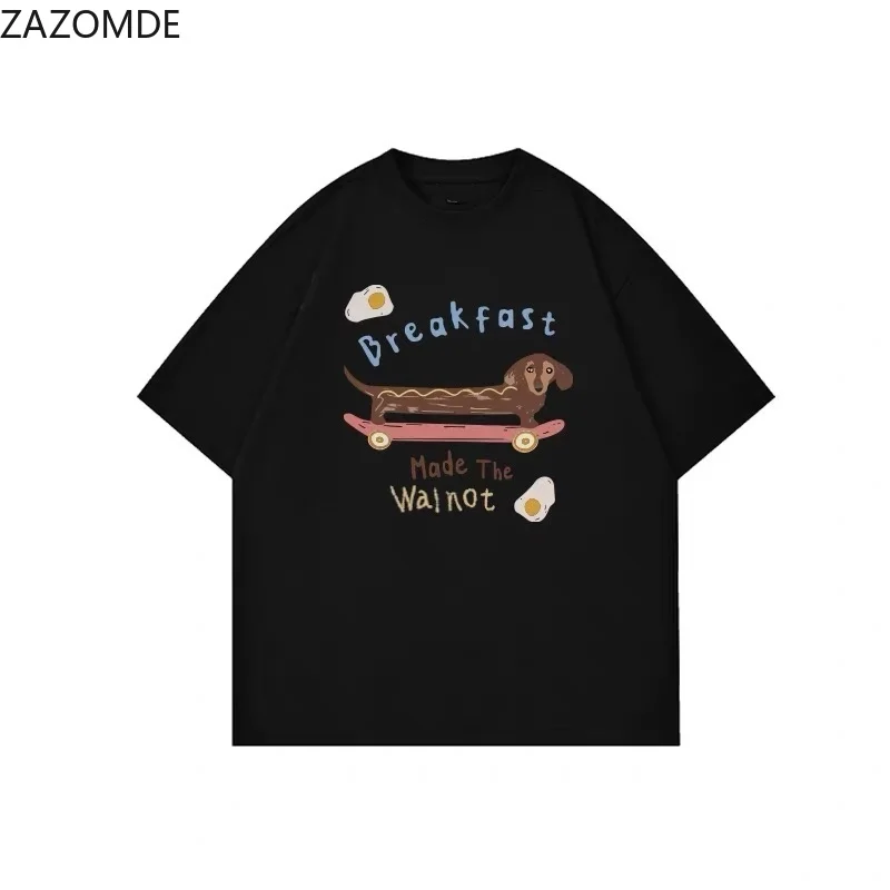 Creative and Unique T-Shirt with Fun Skateboard Dachshund Hot Dog Print, Unique Breakfast Design, Casual Street Style Top