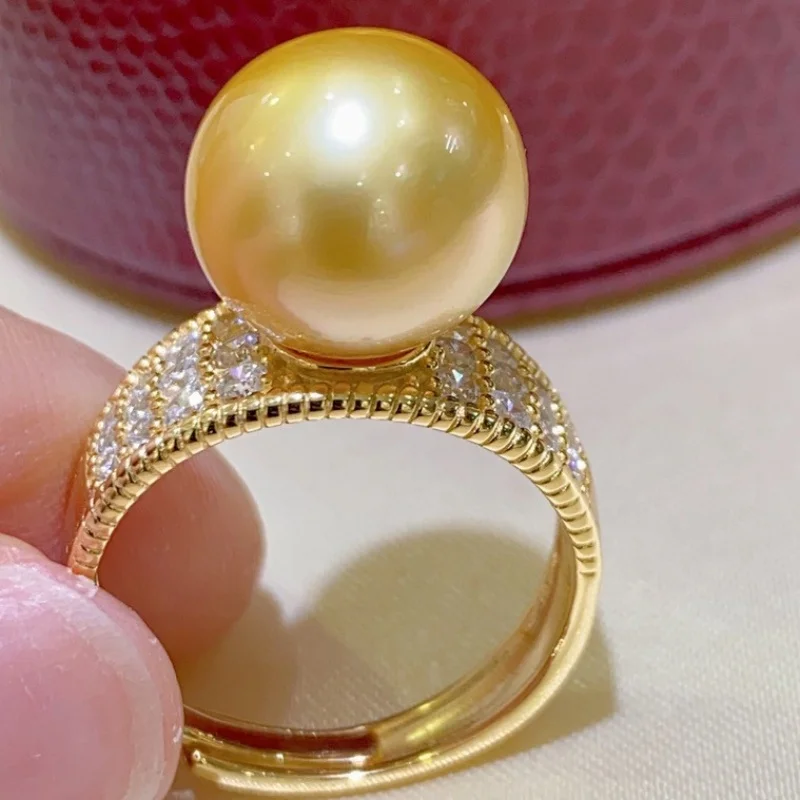 

SGARIT 925 Sterling Silver Inlay Golden Ring South Sea Gold Beads Women's Ring Holiday Gift Jewelry Accessories SR04