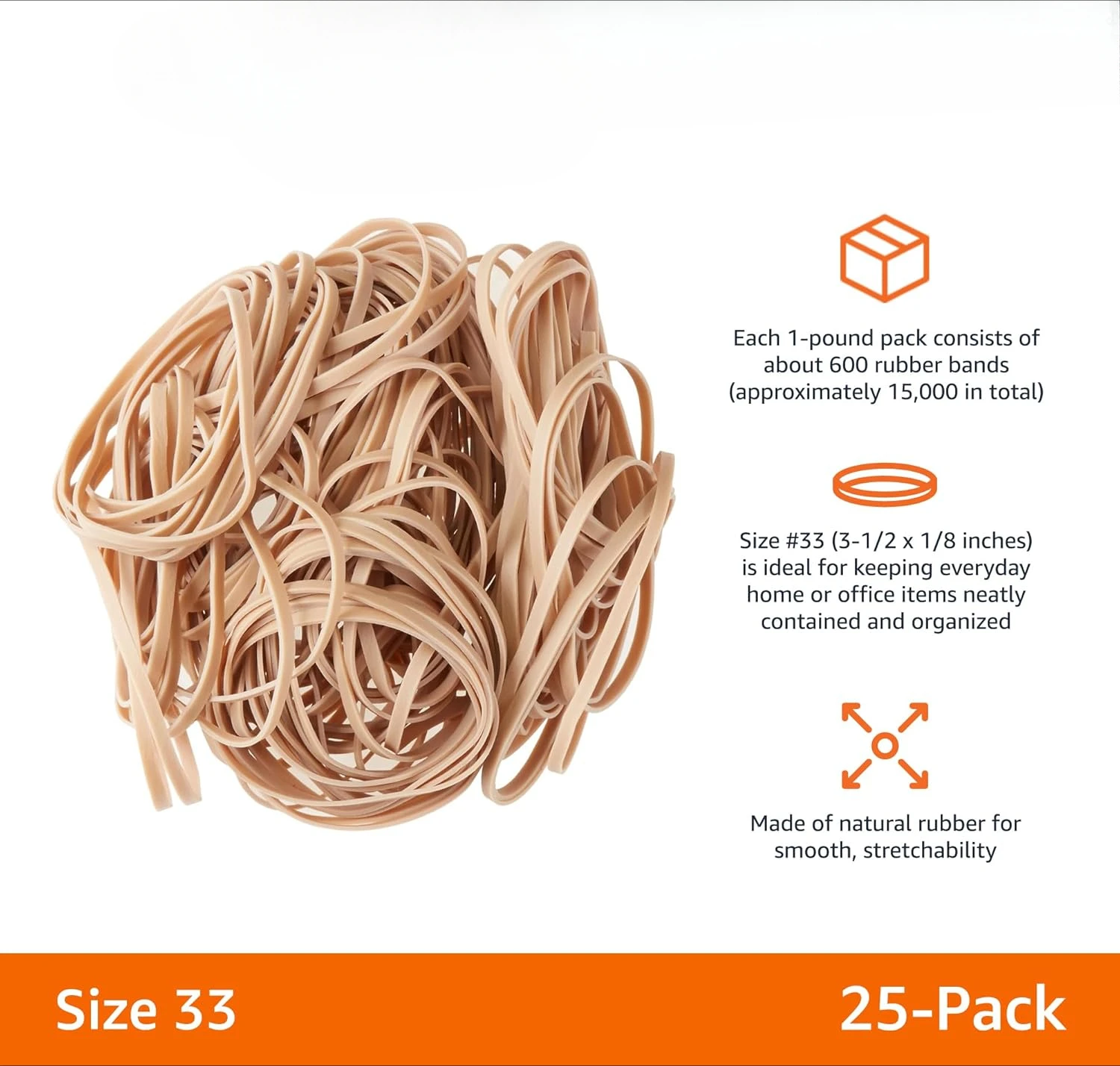 Rubber Bands, Size 33 (3-1/2 x 1/8 Inch), 600 Bands/1 lb Pack, 25-Pack, Tan