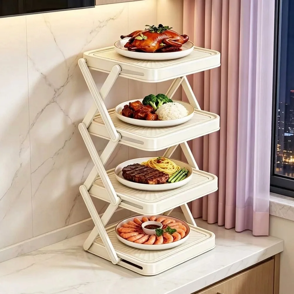 3/4-Tier Prepare Dish Storage Rack Large Capacity Space-Saving Food Preparation Holder Plastic Collapsible Kitchen Organizer