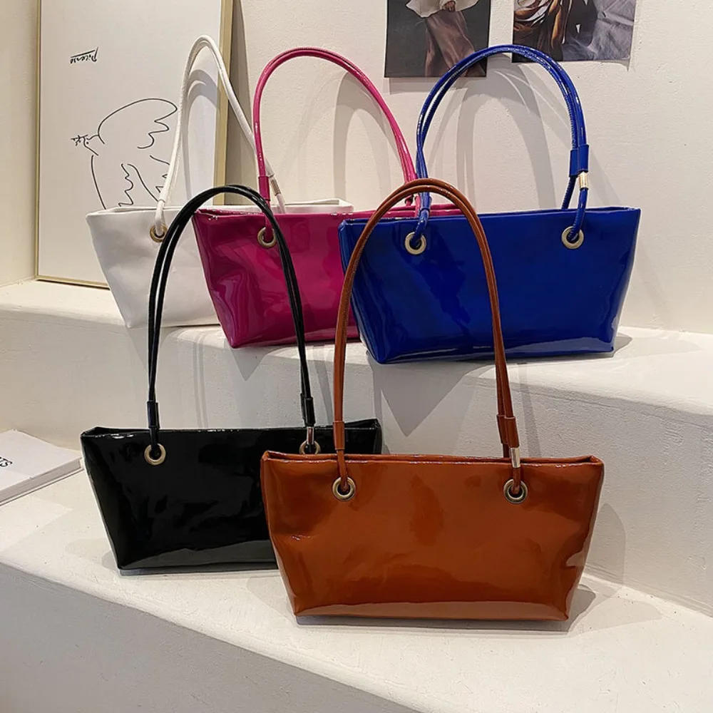 

Elegant Patent Leather Shoulder Bag Smooth Sweet Korean Style Underarm Bag Solid Color Large Capacity Commuting Tote Bag Outdoor