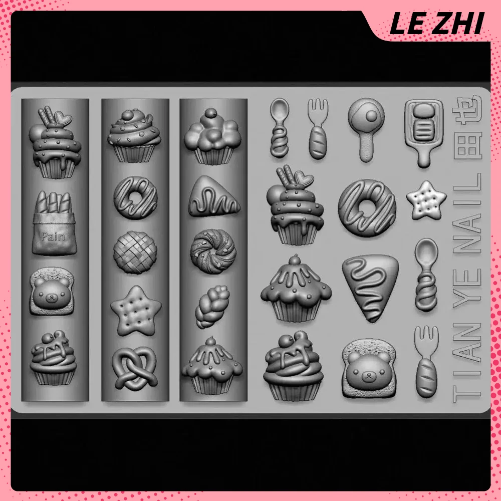 

1Pcs Lovely Bear Dessert Afternoon Tea Series Nail Silicone Mold Accessories Cake Doughnuts Bread Biscuits Spoon Fork Nail Mold