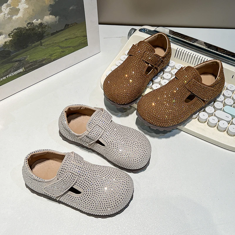 

Girls Flats Shoes Retro Non-slip Kids Rhinestone Moccasins Shoes Soft Sole Fashion Children Leather Shoes Hook&loop 2025 New