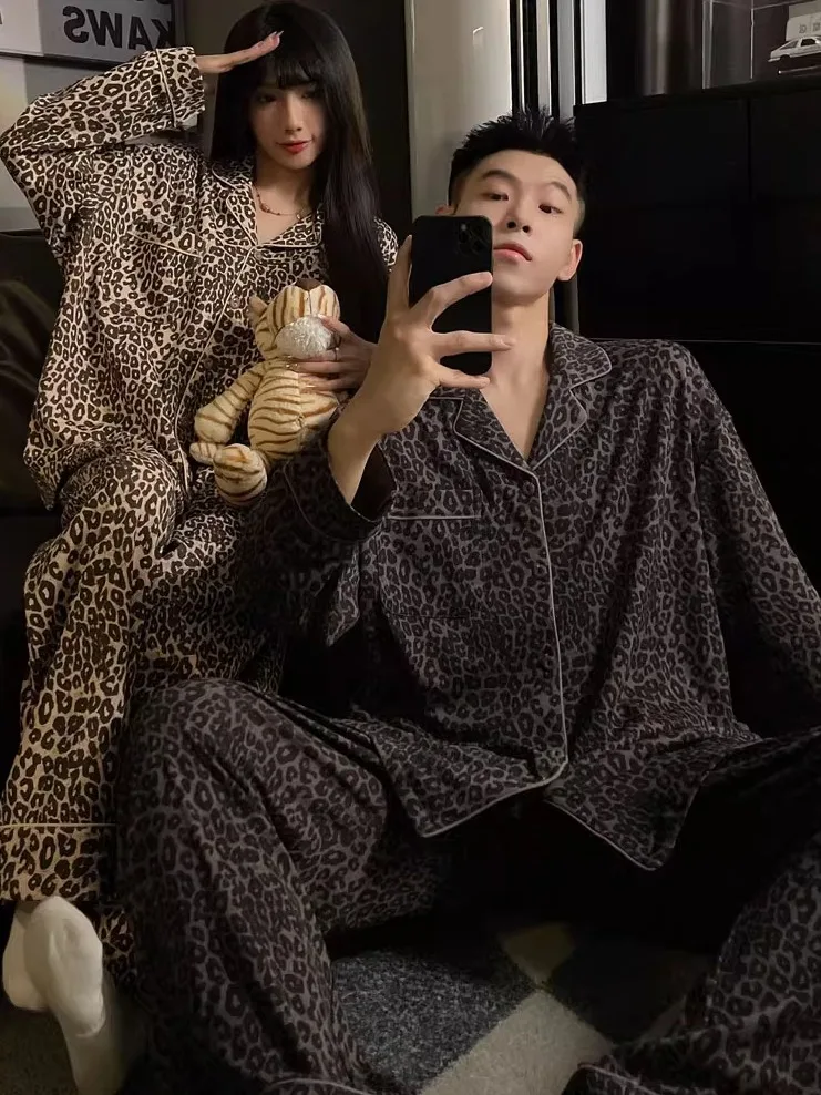Couple's Sleepwear Long Sleeve Thermal Home Clothes Women's Style Velvet Fabric Leopard Print Double-sided Brushed Cardigan
