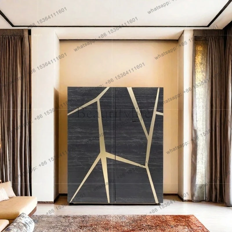 light luxury high-end high-end living room solid wood dining side cabinet integrated stainless steel locker against the wall