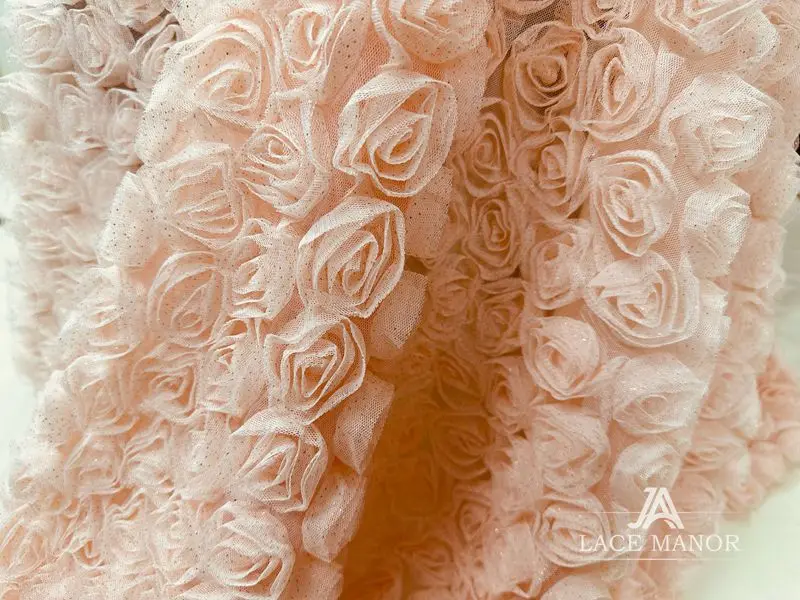 Oro polvere rosa 3D rosa piatto fiore tessuto a rete per abbigliamento fai da te e costumi per bambole abito da sposa